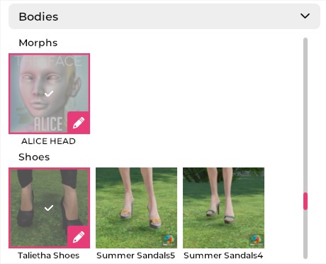 لقطة قريبة لتبويب Wearing > فئة Bodies، تعرض مورف وجه وعدة أزواج من الأحذية.