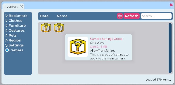 لقطة شاشة لـ Inventory مستخدم، مع تمييز عنصر Camera Settings Group.