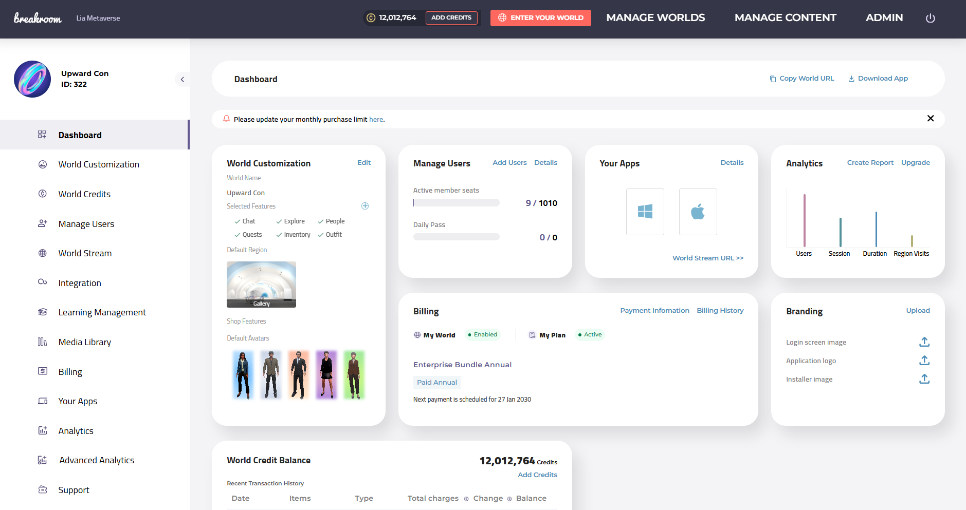 لقطة شاشة لصفحة الهبوط الرئيسية في Dashboard.