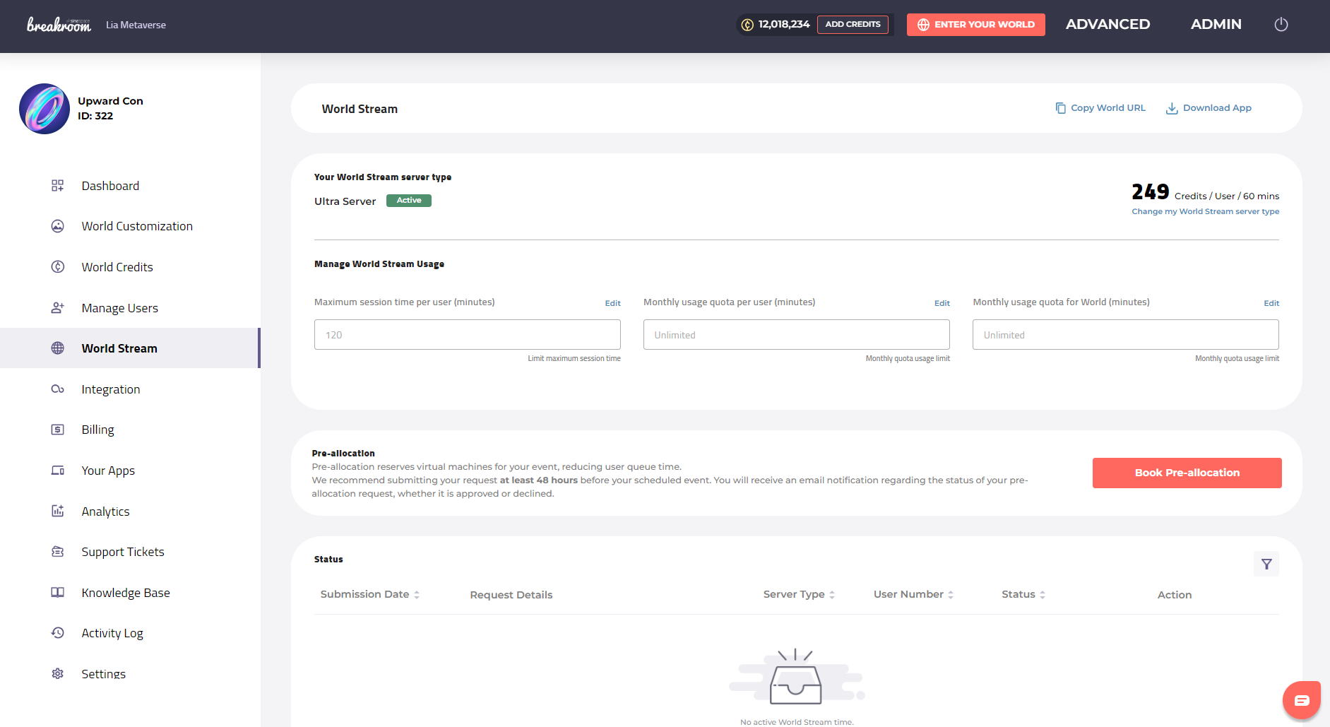 لقطة شاشة لعلامة تبويب Dashboard World Stream.