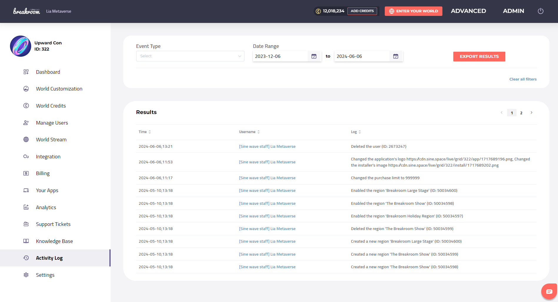لقطة شاشة لعلامة تبويب Dashboard Activity Log.