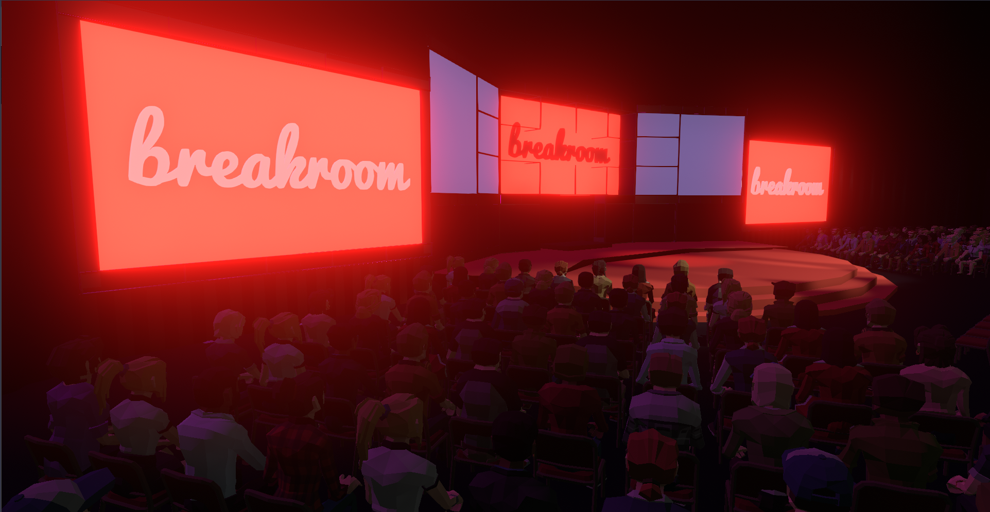 لقطة شاشة لمنطقة Breakroom Large Stage، حيث تجلس حشود من الأفاتارات حول منصة مركزية متوهجة مع شاشات مرافقة.