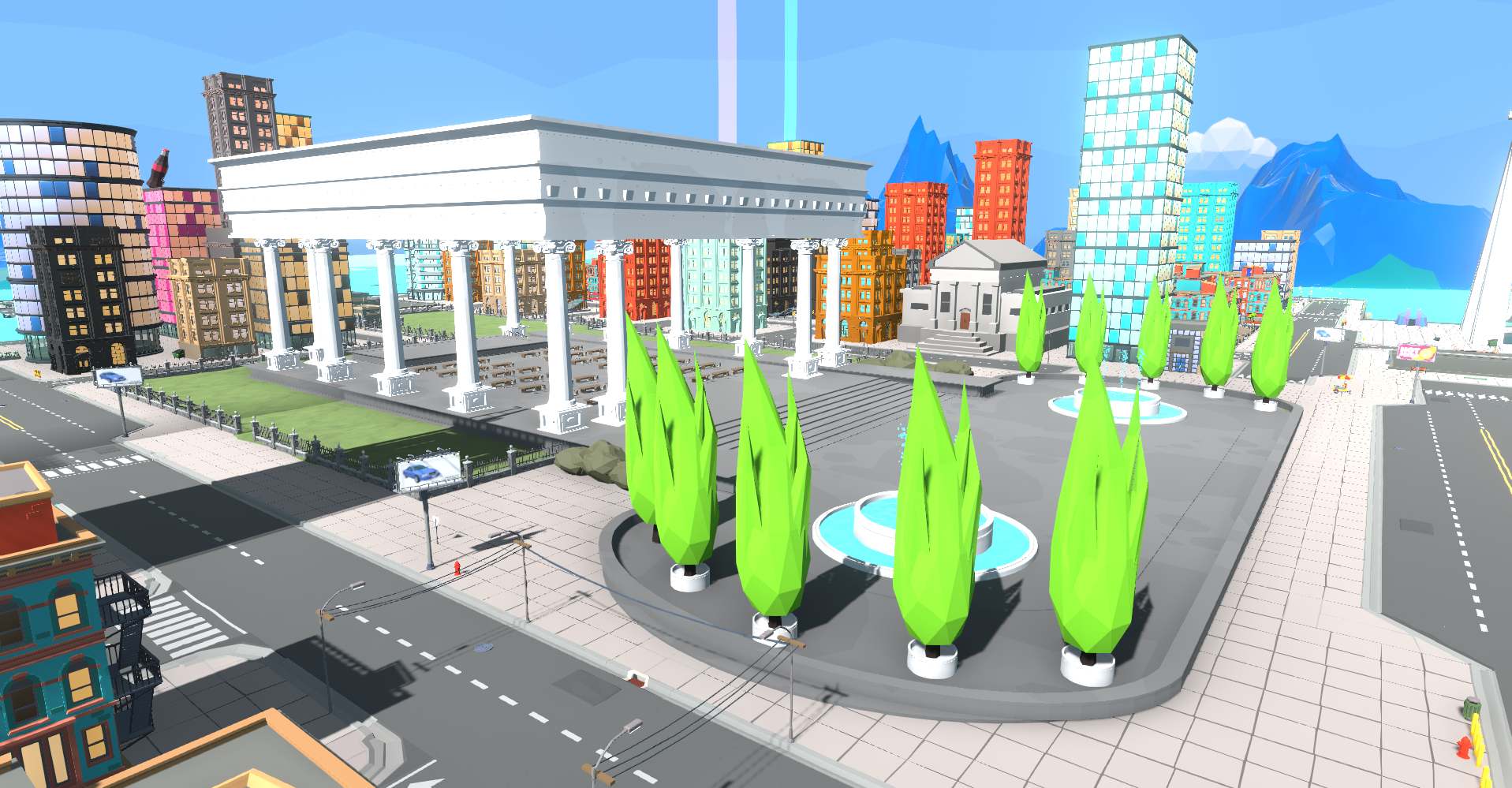 لقطة شاشة لمنطقة Breakroom City Townhall، وهي مدينة منخفضة المضلعات تضم مدرجًا مركزيًا بأعمدة وممتلئًا بالمكاتب.