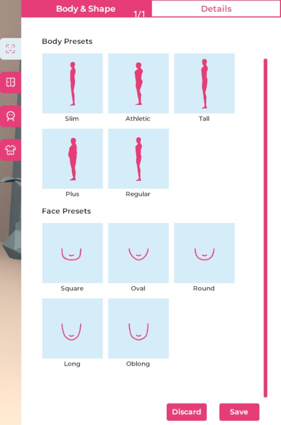 A closeup of the Body and Face presets available under the Appearance tab.