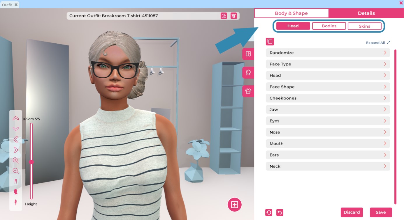 The Outfit window, with the Appearance tab open on the right side. The location of the Details tabs is highlighted. In the preview window, a female avatar with gray hair is shown from the waist up.
