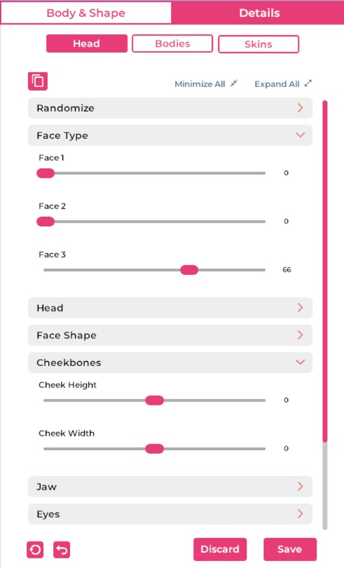 A closeup of the Head tab, showing several slider controls.