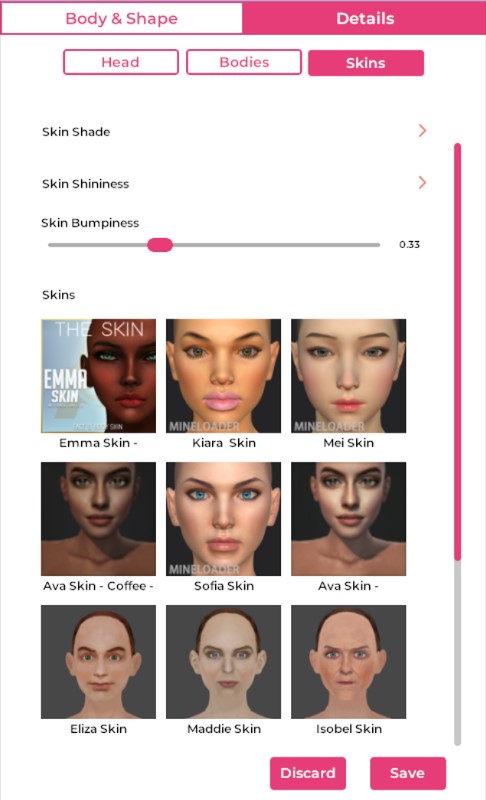 A closeup of the Skins tab, showing several female skins that can be applied to an avatar.