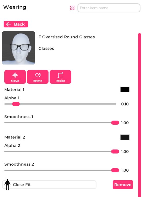 An example of the customization options available for a single avatar item, in this case a pair of black plastic glasses. Using these options, the glasses can be repositioned, resized, rotated, and their materials edited.
