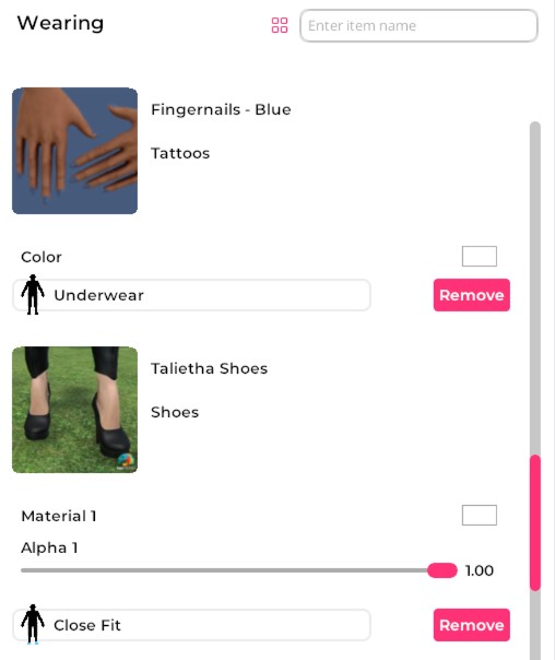 A closeup of the Wearing tab, showing fingernail polish and shoes as worn by an avatar. These items can be removed from the avatar by clicking the associated Remove button. The shoes can be edited, and so a material slider is visible.