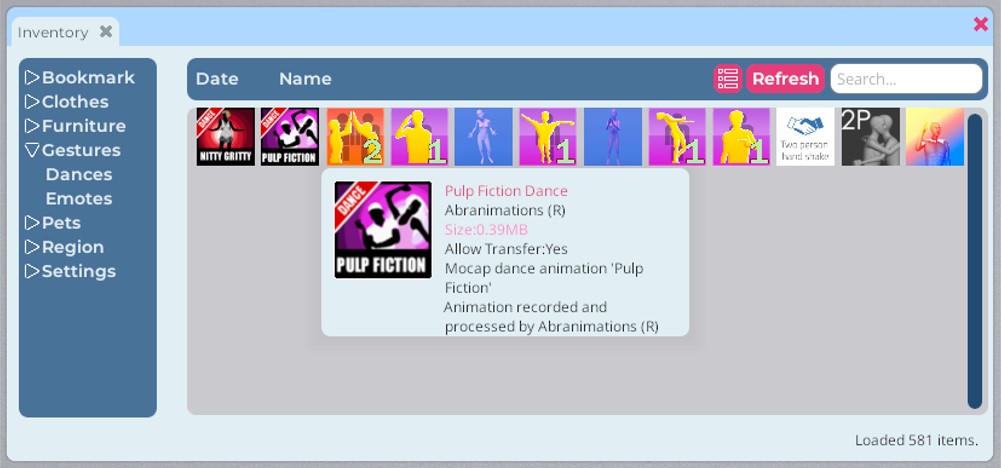 A closeup of the Inventory window, where several gestures are visible under the Gestures category. This includes dances, hugs, and high-fives.