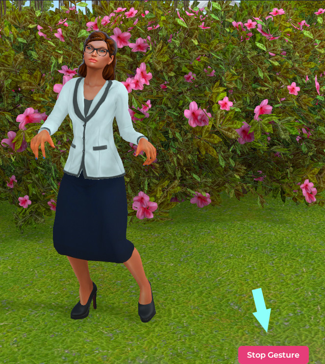 A screenshot of a female avatar with auburn hair dancing. An arrow at the bottom highlights the position of the "Stop Gesture" button.