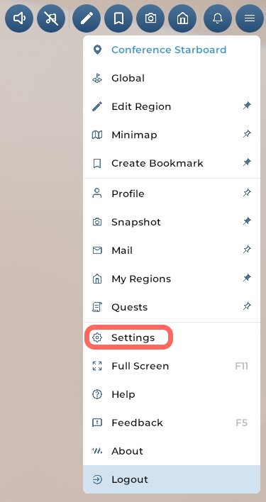 The bottom right corner toolbar, which contains five buttons. The Settings button is highlighted on the far left.