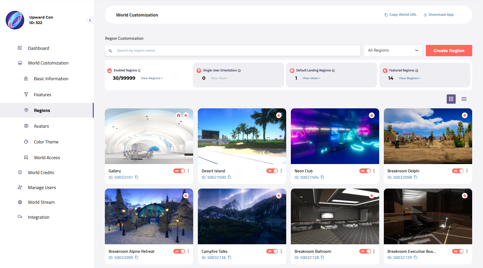 The World Customization > Regions tab on Dashboard, featuring eight Region cards.