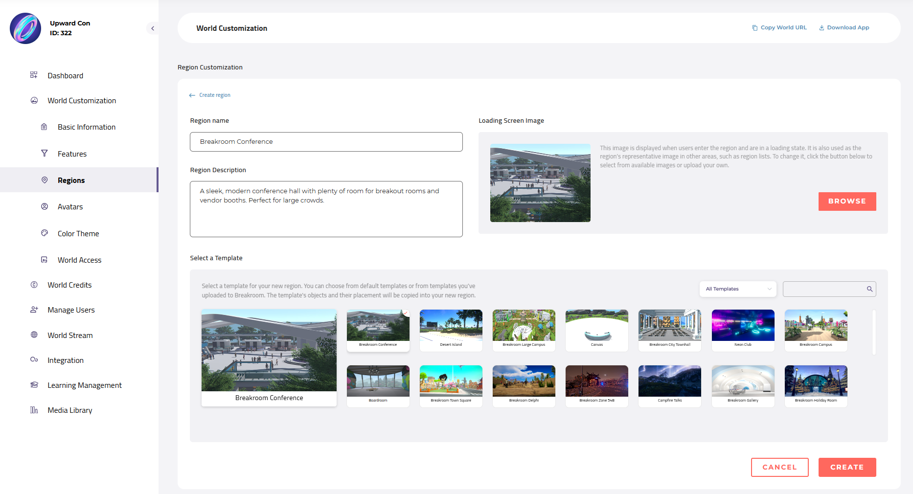 The Create Region panel, featuring fields that allow you to customize a Region's name, description, loading image, and template. Instructions for using this panel are described in detail below.