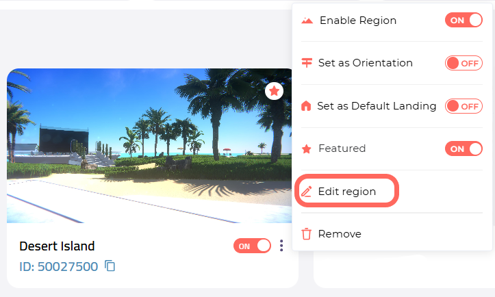 A closeup of a Desert Island Region card, with the location of the Edit Region action highlighted in orange.