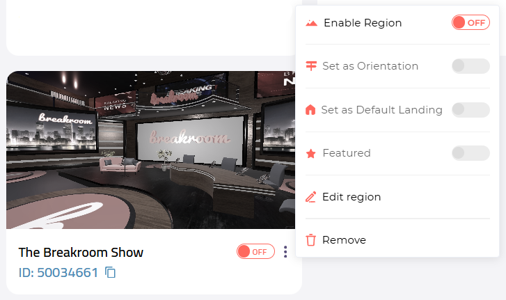 A closeup of a newly created Region card. The action menu is open, showing that the Region is not Enabled, Featured, or in any way activated.