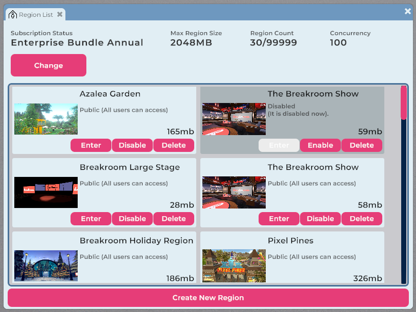 A closeup of the Region List window, with several Region cards and their associated buttons displayed.