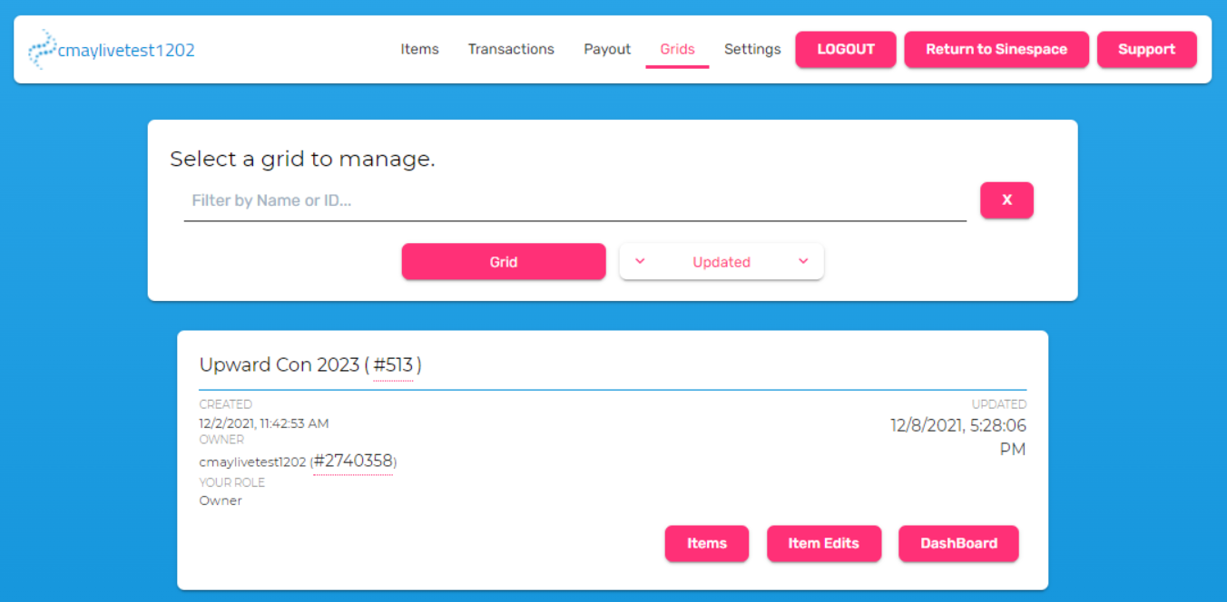 A screenshot of a user's Curator page. The Grids tab is live, listing one active World.