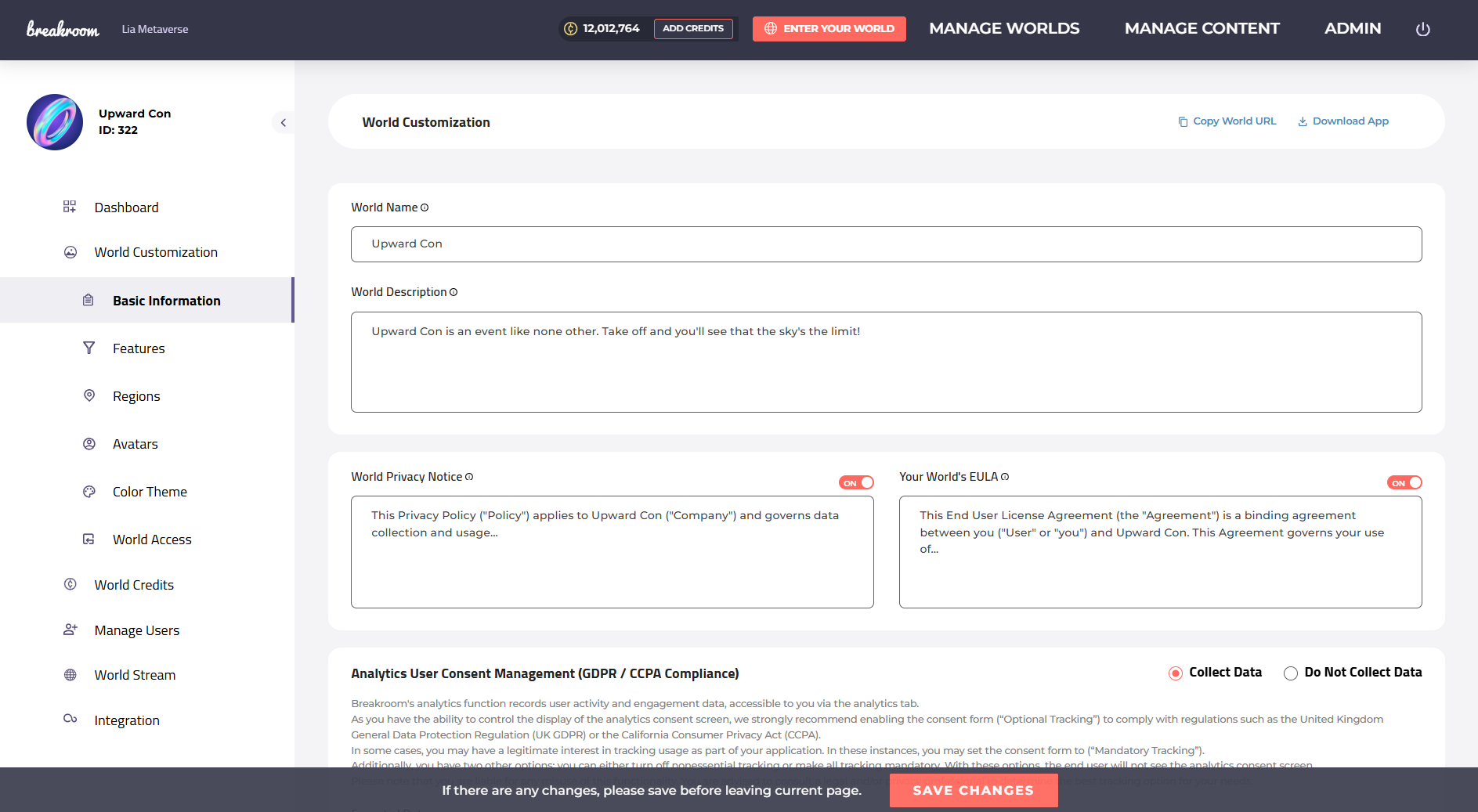 The World Customization tab. This tab expands into several sub-tabs, and defaults to the Basic Information tab. There are fields where you can enter a new World Name, World Description, or adjust branding options.