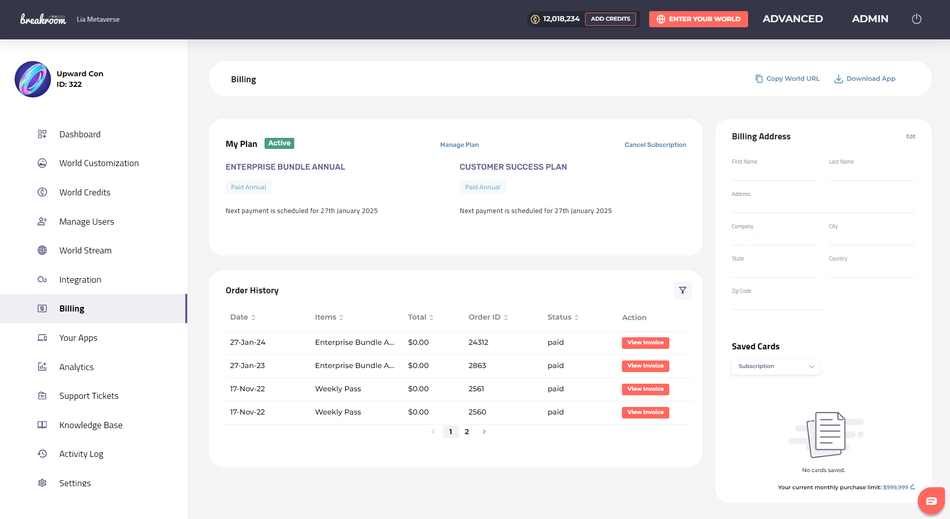 A screenshot of the Dashboard Billing tab.