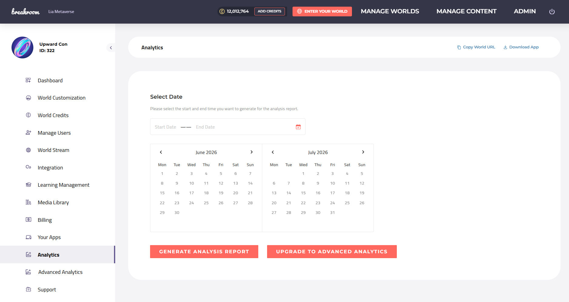 The Analytics tab. Date pickers allow you to specify a time period and generate a report.