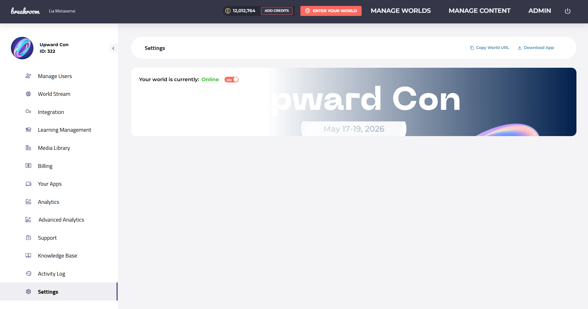 The Settings tab. A toggle notes that the current World is online.