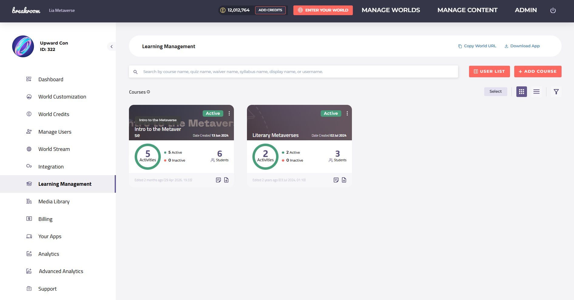 The Learning Management tab. Two active courses are displayed here, along with functions relating to student recordkeeping.