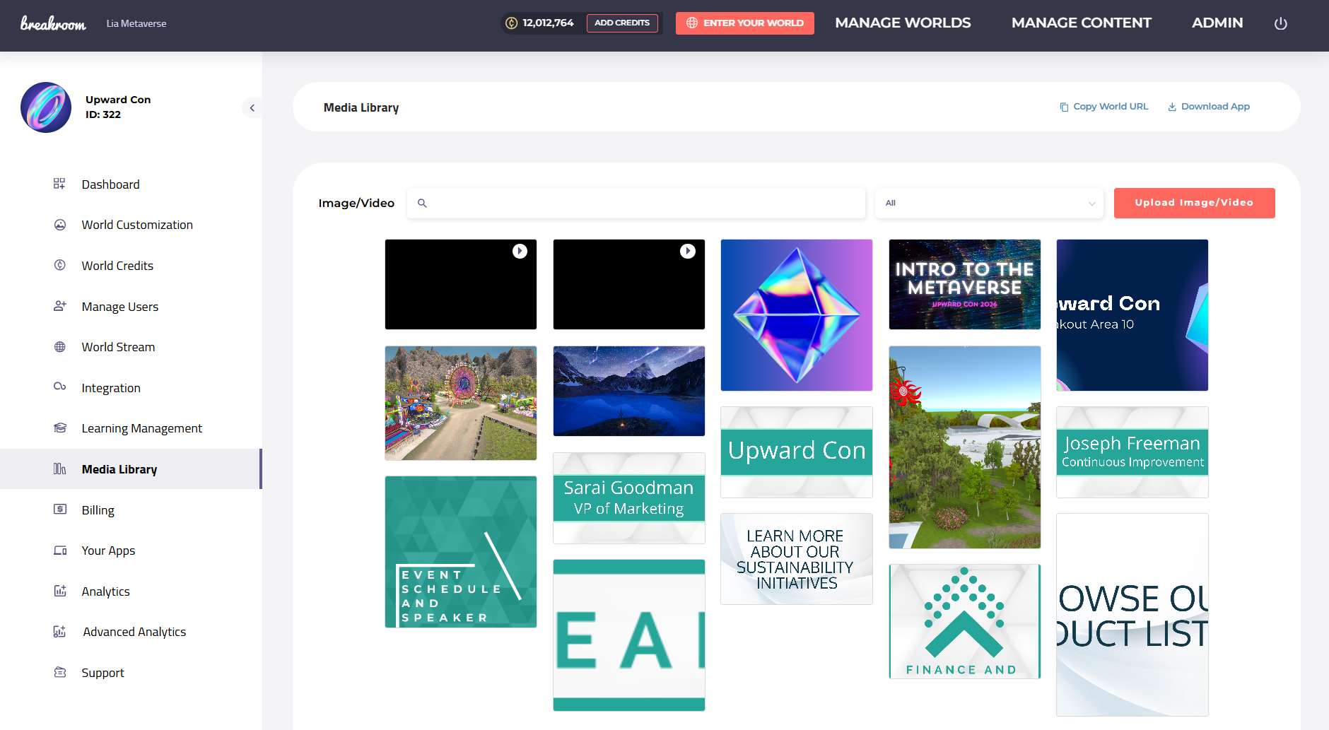 The Media Library tab. Several images and videos are previewed, displayed in a responsive tile carousel.