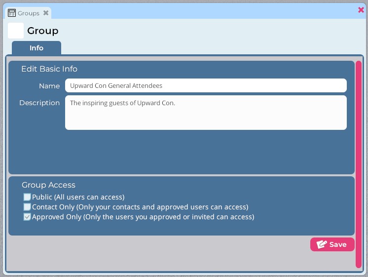 A closeup of the Groups dialog box, with details entered for the creation of a new group.