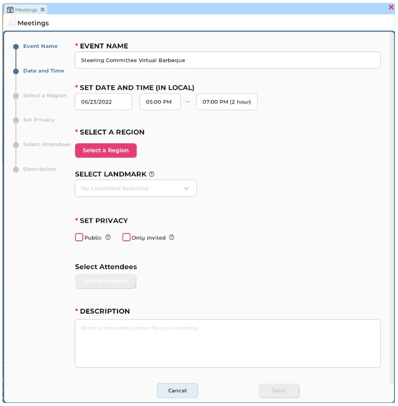 A closeup of the Meeting creation window. Instructions for creating and listing a meeting are detailed below.