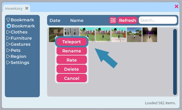A closeup of a user Inventory opened to the Bookmarks category. The action menu for a bookmark has been opened, and a blue arrow points to the Teleport button.