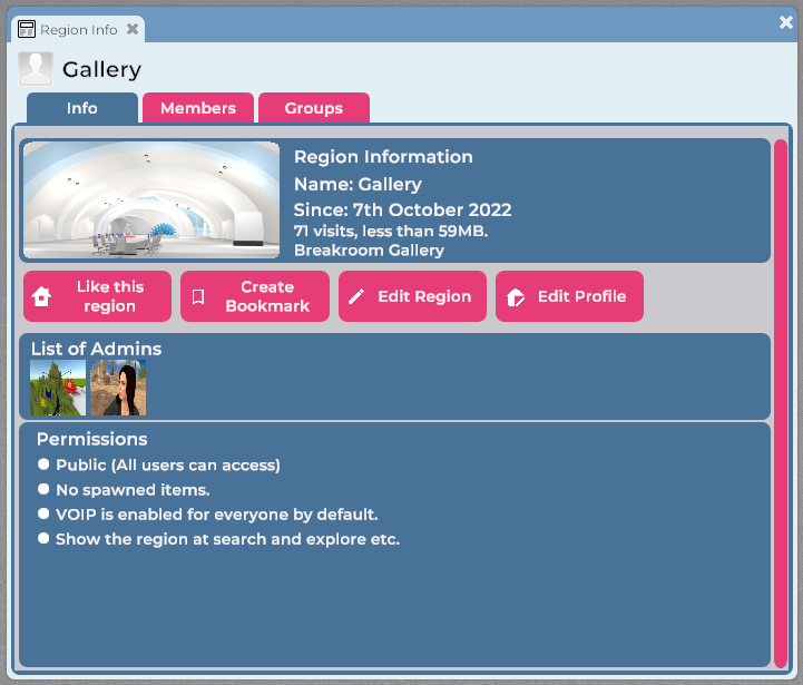A closeup of the main buttons in the Region Information window. This window lists information about the Region, its Administrators, and its permission settings.