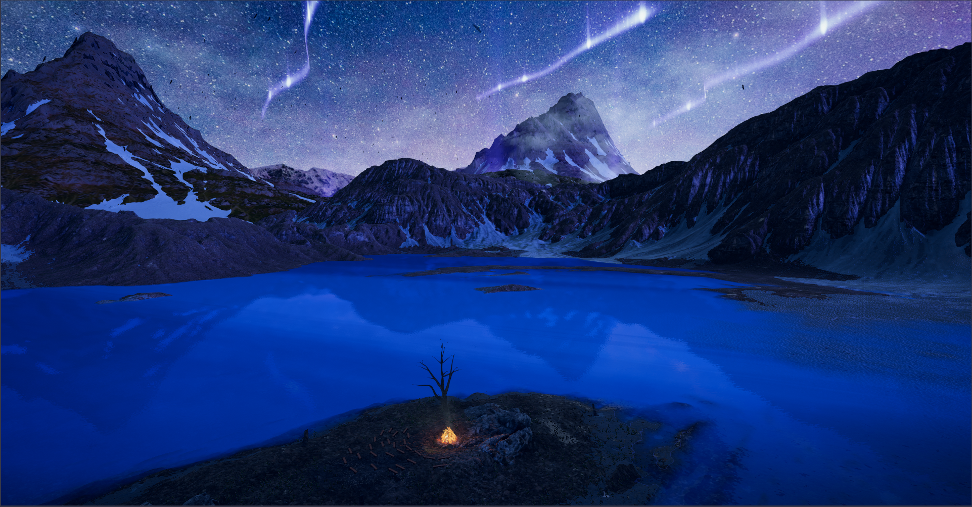 A screenshot of the Breakroom Campfire Talks Region, a vast, almost Nordic region bounded by snowy mountains and framed by deep blue waters.