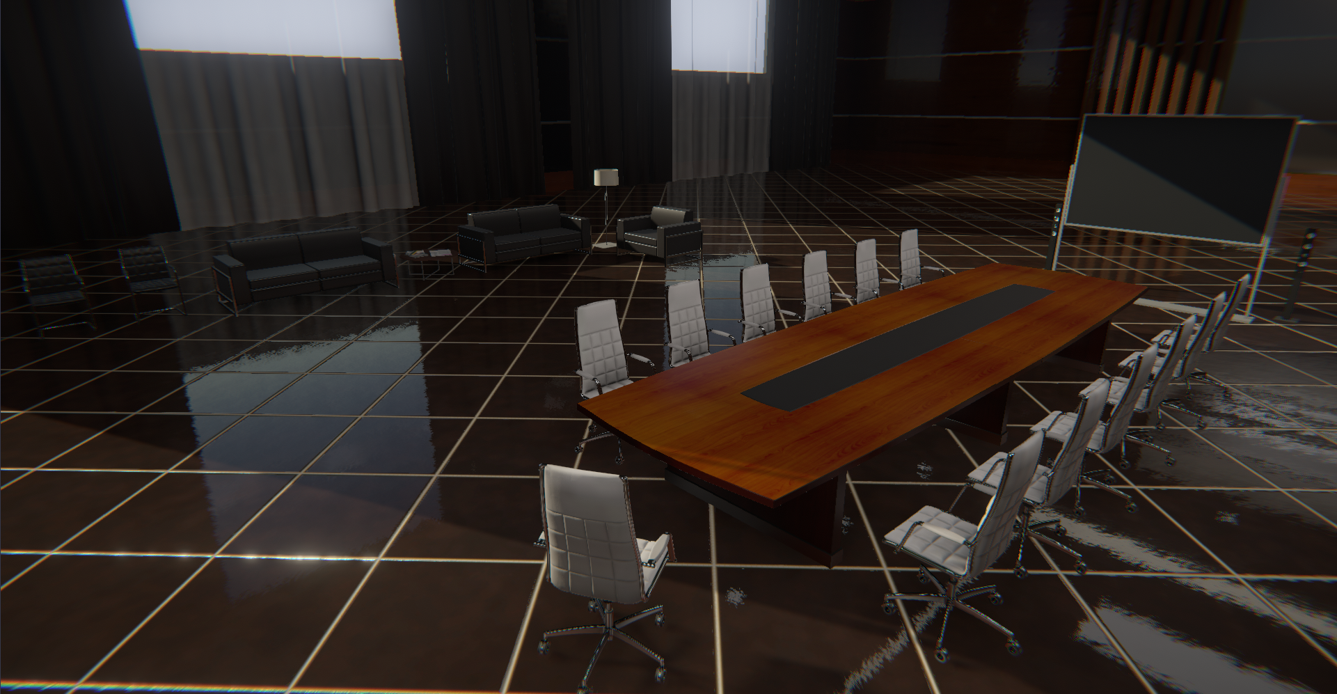 A screenshot of the Breakroom Executive Boardroom Region, which consists of a polished conference table and furniture arranged on a lush brown marble floor.