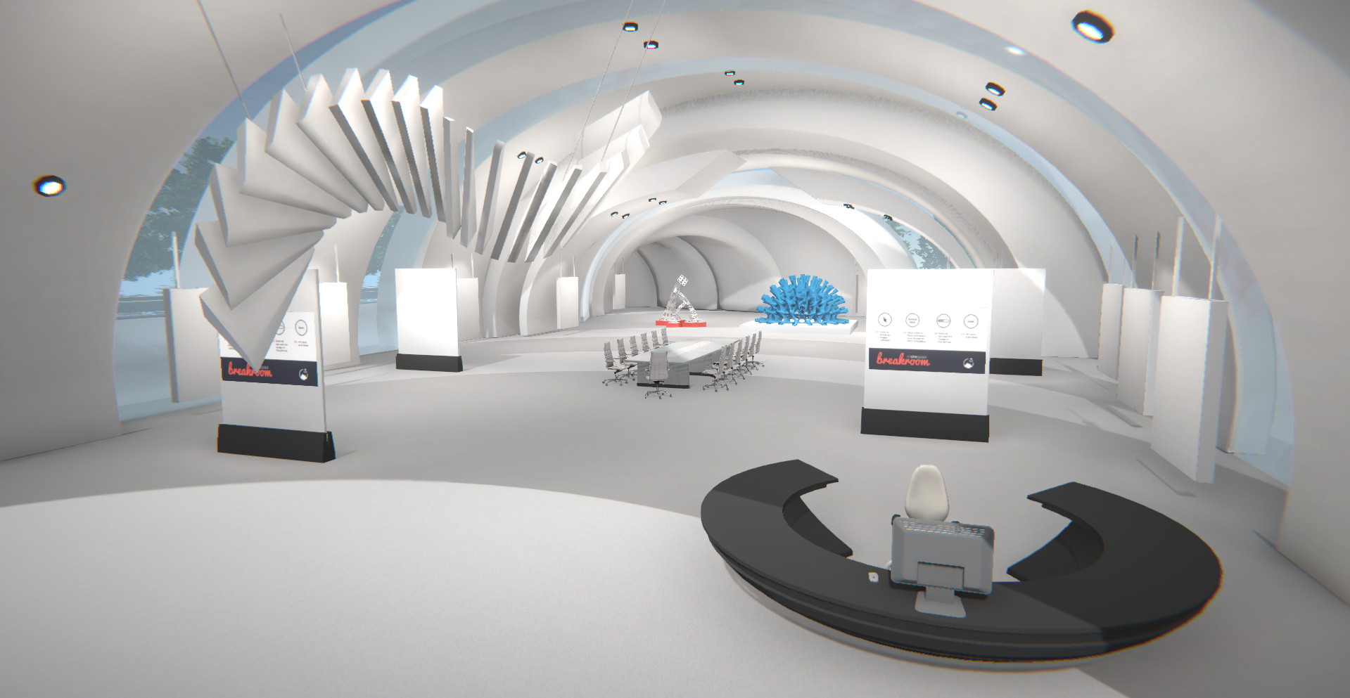 A screenshot of the Breakroom Gallery Region, which consists of an organic white office space filled with sculptures and areas of blank signage. A welcome desk and a conference table are set up.