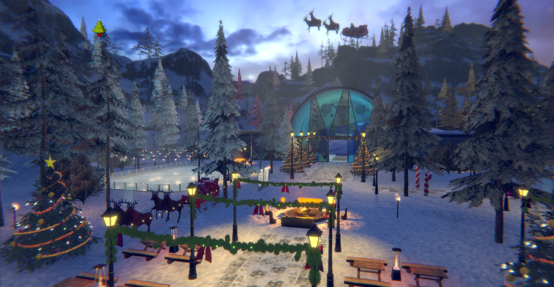 A screenshot of the Breakroom Holiday Region, which is the Alpine Region all dressed up! Christmas trees and garlands festoon the open areas and walkways, while Santa's sleigh flies through the air overhead.