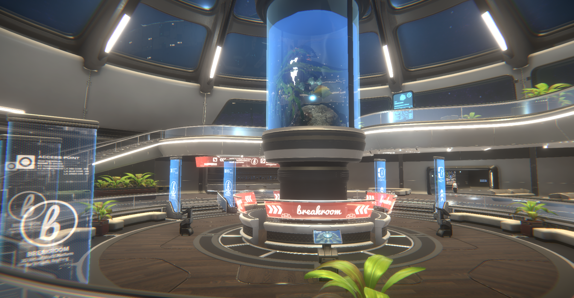 A screenshot of the Breakroom Starbase Region, which harkens back to the optimistic future depicted by old sci-fi shows. A tall aquarium fills the center space, while glass-walled staircases lead to additional meeting rooms.