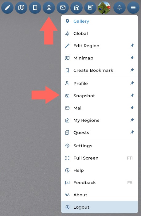 A closeup of the bottom toolbar of the Breakroom UI. This toolbar includes buttons for in-world text chat and navigation. The Snapshot button is highlighted in orange.