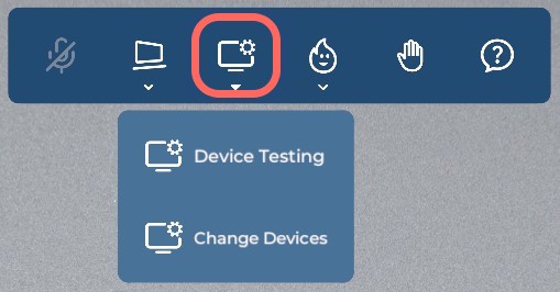 A closeup of the Microphone and Device Options buttons located at the top of the screen. The Device Options button has been clicked, revealing two additional buttons - Mic  &amp; Cam Test and Change Devices.