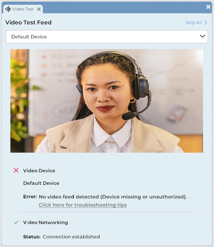 Un gros plan du panneau Test Vidéo. L'interface utilisateur de ce panneau est décrite ci-dessous.