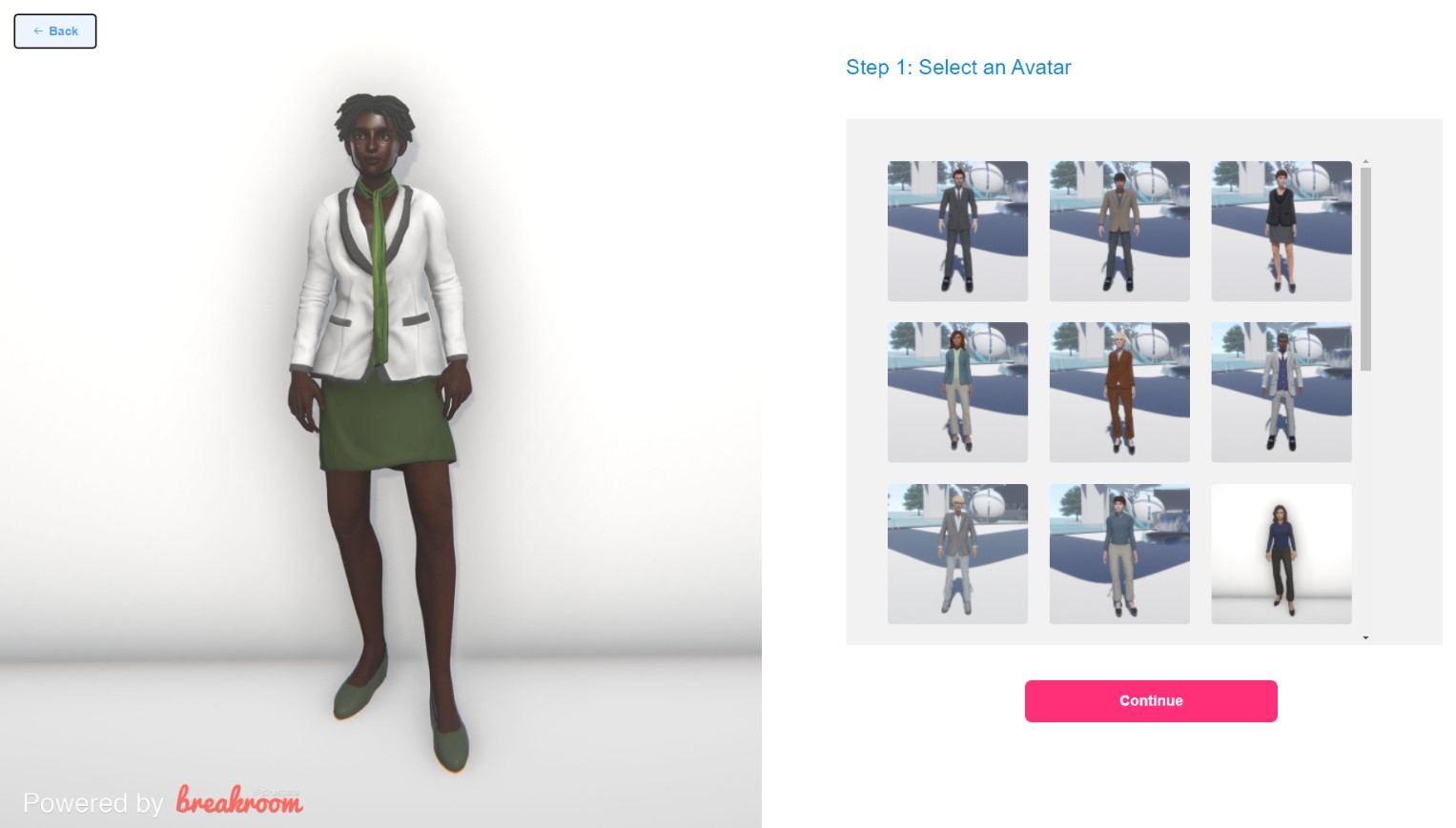 Une capture d'écran de l'écran de sélection de l'avatar de démarrage lors de l'inscription. À droite se trouve un menu en tuiles composé d'images de différents avatars, tandis qu'à gauche se trouve une vue détaillée d'un seul avatar.