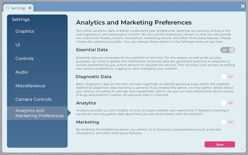 L'onglet Préférences d'analyse et de marketing de la fenêtre des Paramètres, qui contient des options pour modifier les préférences de confidentialité et de marketing.