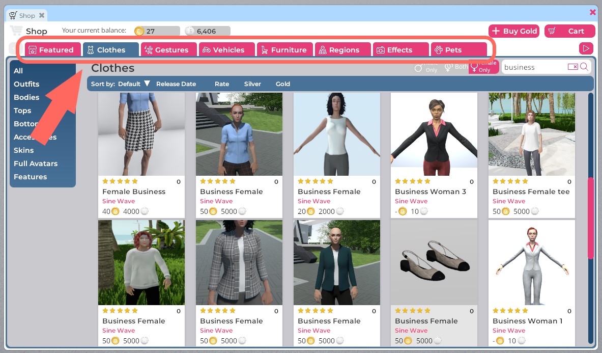 Une capture d'écran de la boutique Breakroom, avec les onglets de catégories en haut mis en évidence. La catégorie Vêtements est actuellement ouverte, et la fenêtre contient des tuiles correspondant à divers articles de vêtements en vente, y compris des vestes de costume, des chaussures et des t-shirts.