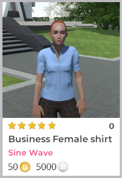 Un gros plan d'une fiche de chemise dans la boutique Breakroom. Le modèle a les cheveux roux courts et porte une chemise Oxford bleu à manches courtes. Cette chemise peut être achetée avec de l'or ou de l'argent.