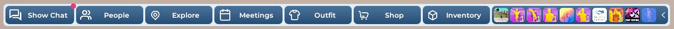 Un gros plan de la barre d'outils inférieure de l'interface utilisateur de Breakroom. Cette barre d'outils comprend des boutons pour le chat texte dans le monde et la navigation.