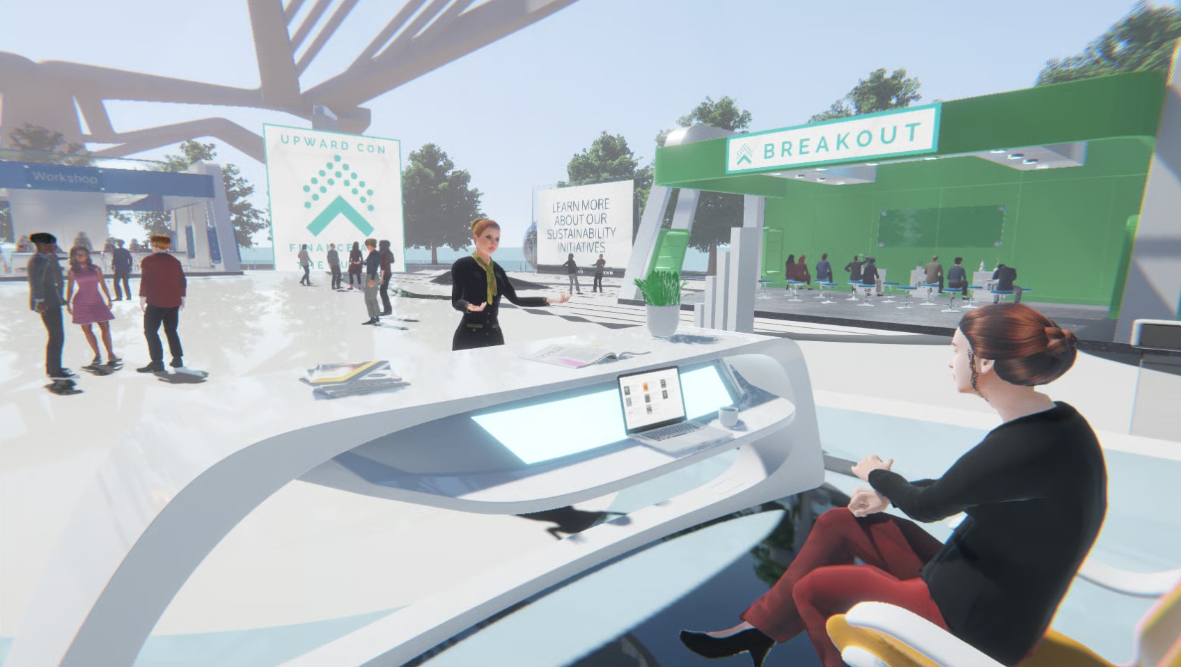Des groupes d'avatars discutent dans un centre de congrès futuriste et ouvert. Au premier plan, un participant au congrès demande des conseils à un membre du personnel assis derrière un bureau.
