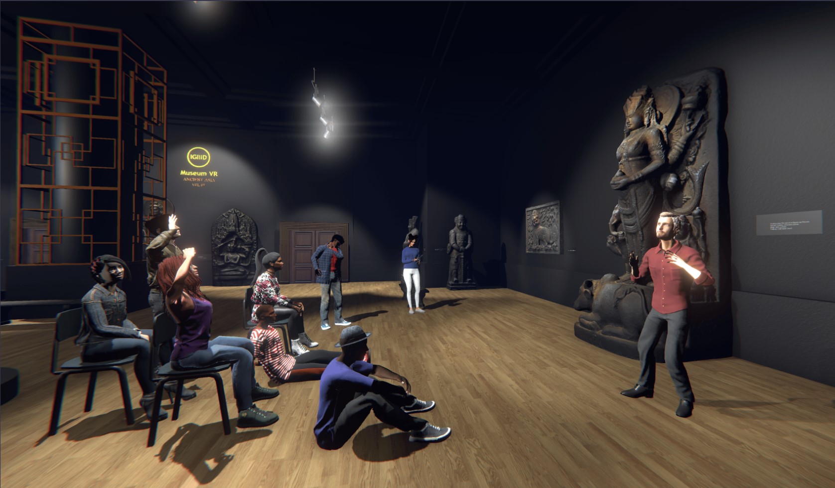 Un groupe d'avatars adolescents est réuni dans une salle de musée faiblement éclairée, où plusieurs artefacts de religions du monde entier sont exposés. Ils écoutent un jeune enseignant masculin parler, et quelques adolescents ont levé la main.