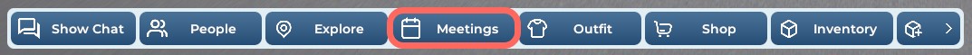Un gros plan de la barre d'outils inférieure de l'interface utilisateur de Breakroom. Cette barre d'outils comprend des boutons pour le chat texte dans le monde et la navigation. Le bouton Réunions est mis en surbrillance en orange.