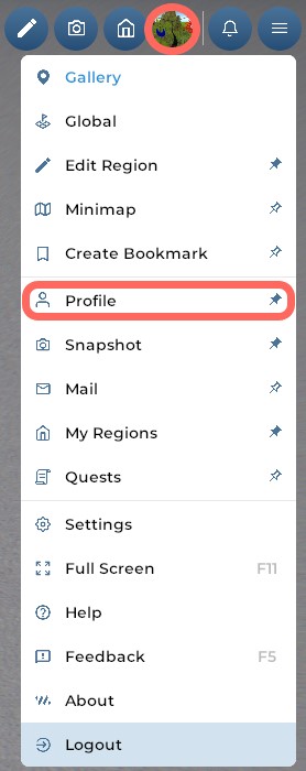Un gros plan de la barre d'outils inférieure de l'interface utilisateur de Breakroom. Cette barre d'outils comprend des boutons pour le chat texte dans le monde et la navigation. L'icône Profil est mise en surbrillance en orange, et une flèche orange pointe vers elle.