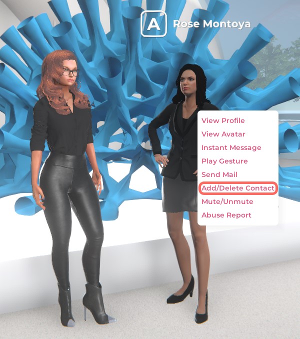 Une capture d'écran de deux avatars féminins debout devant une sculpture moderne. L'avatar de droite a été cliqué, révélant un menu d'actions. L'action Ajouter/Supprimer un contact est mise en surbrillance.